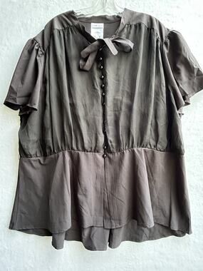 CHICstar Black Satin Polyester Spandex Button Front Bow Short Sleeve Blouse 3X